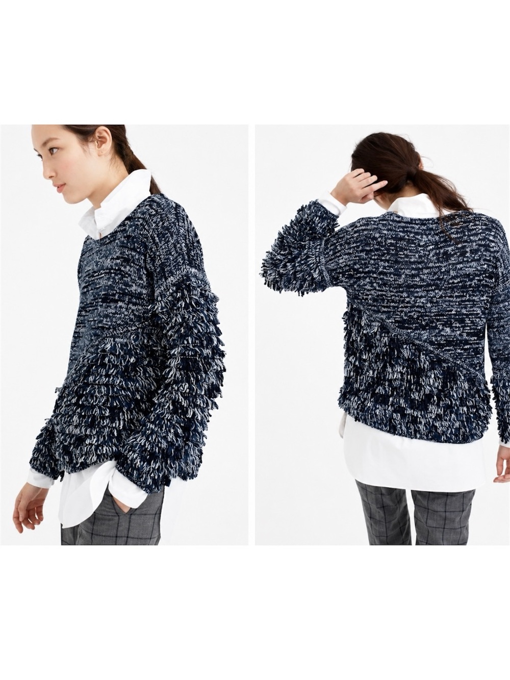 J.Crew Collection Fringe‎ Bouclé Sweater S Navy White Marled Cotton Blend Knit